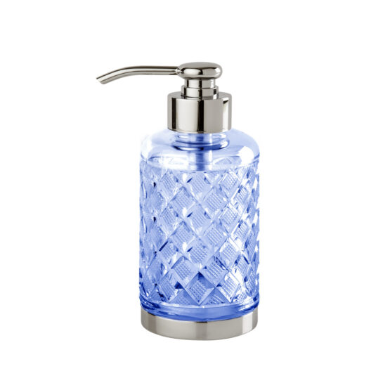 Luxus Seifenspender aus blauem Kristallglas und Messing in Nickel von Cristal & Bronze aus der Serie Cristal Taille Losange Lisse