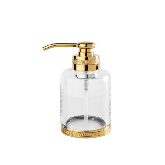 Luxury soap dispenser made of crystal glass and brass in gold by Cristal & Bronze from the Cristallin Cisele series