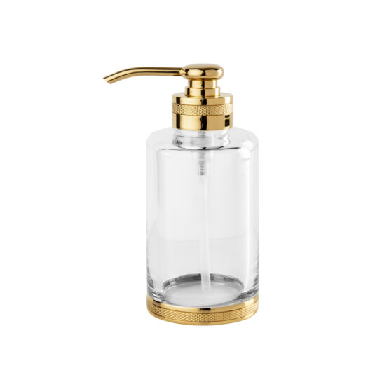 Luxury soap dispenser made of crystal glass and brass in gold by Cristal & Bronze from the Cristallin Cisele series