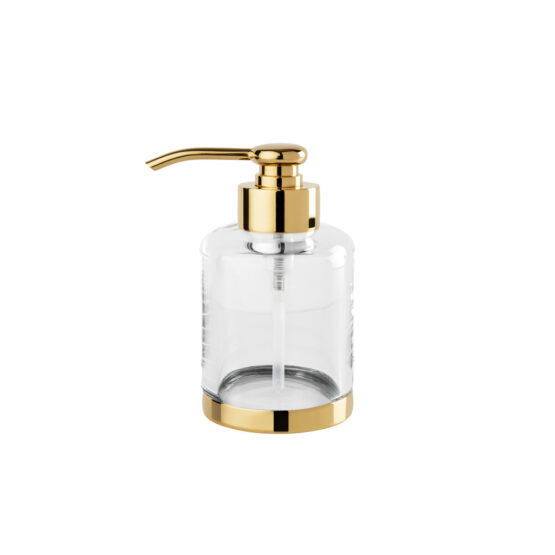 Luxury soap dispenser made of crystal glass and brass in gold by Cristal & Bronze from the Cristallin Lisse series
