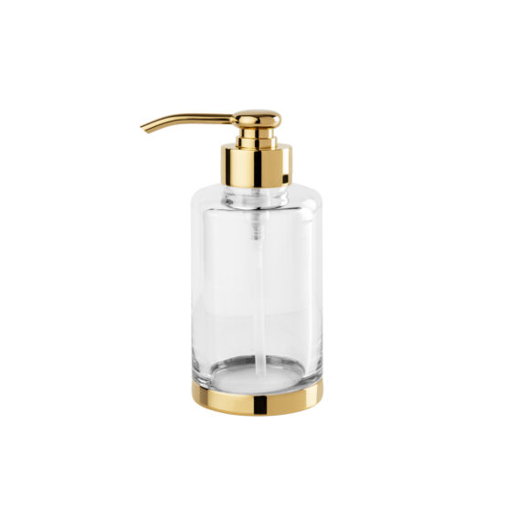 Luxury soap dispenser made of crystal glass and brass in gold by Cristal & Bronze from the Cristallin Lisse series