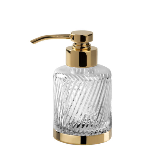 Luxury soap dispenser made of crystal glass and brass in gold by Cristal & Bronze from the Infini series
