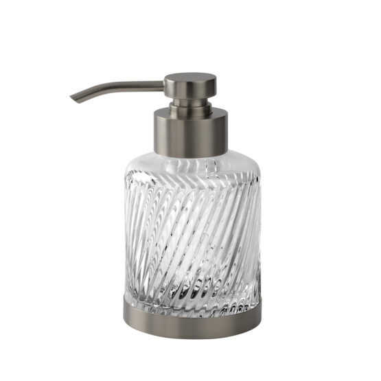 Luxury soap dispenser made of crystal glass and brass in nickel matt by Cristal & Bronze from the Infini series