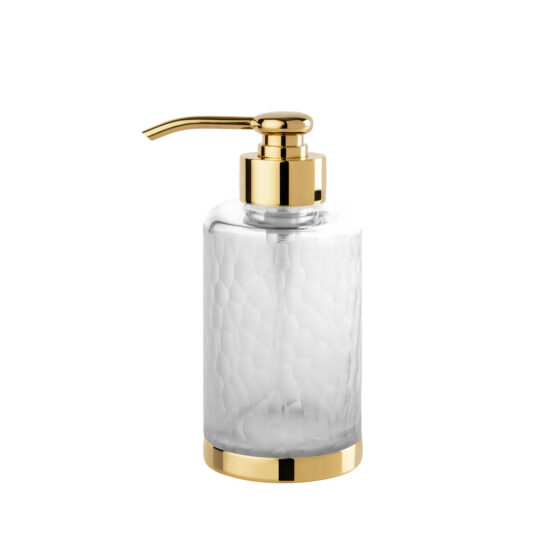Luxury soap dispenser made of glass and brass in gold by Cristal & Bronze from the Nid d'Abeilles series