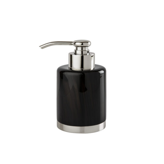 Luxury soap dispenser made of obsidian crystal glass and brass in nickel by Cristal & Bronze from the Obsidienne Lisse series