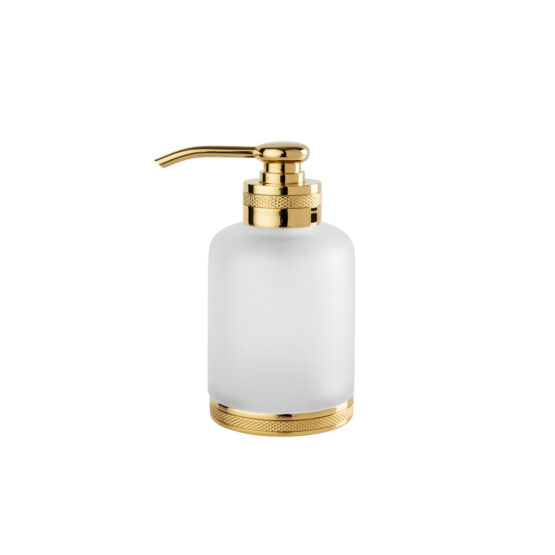 Luxury soap dispenser made of glass and brass in gold by Cristal & Bronze from the Satine Cisele series