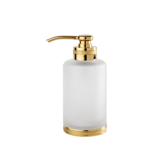 Luxury soap dispenser made of glass and brass in gold by Cristal & Bronze from the Satine Cisele series