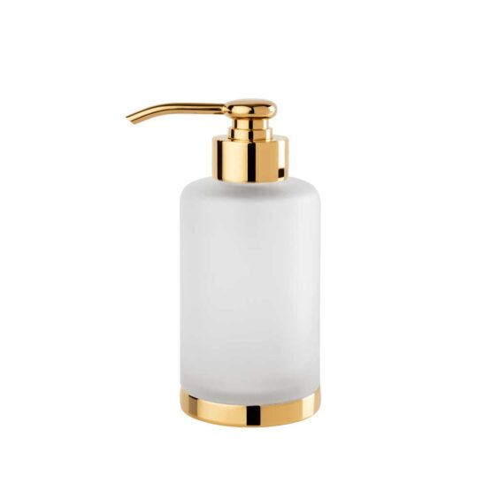 Luxury soap dispenser made of glass and brass in gold by Cristal & Bronze from the Satine Lisse series