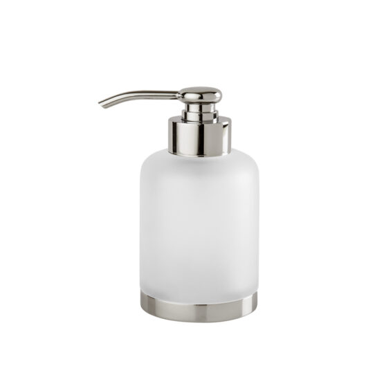 Luxury soap dispenser made of glass and brass in nickel by Cristal & Bronze from the Satine Lisse series