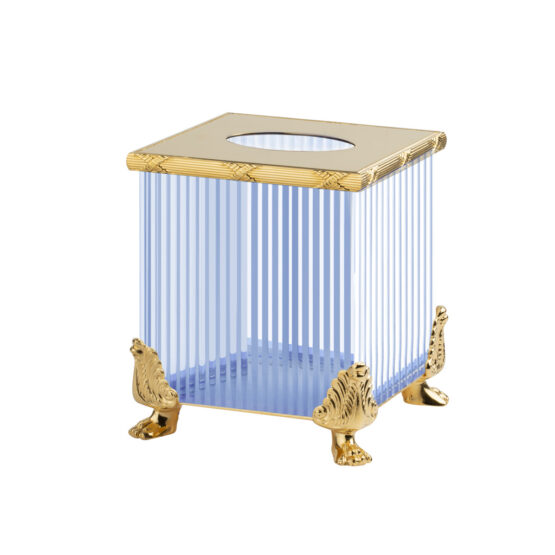 Luxus Taschentuchspender aus blauem Kristallglas und Messing in Gold von Cristal & Bronze aus der Serie Cristal Taille Cannele Cisele