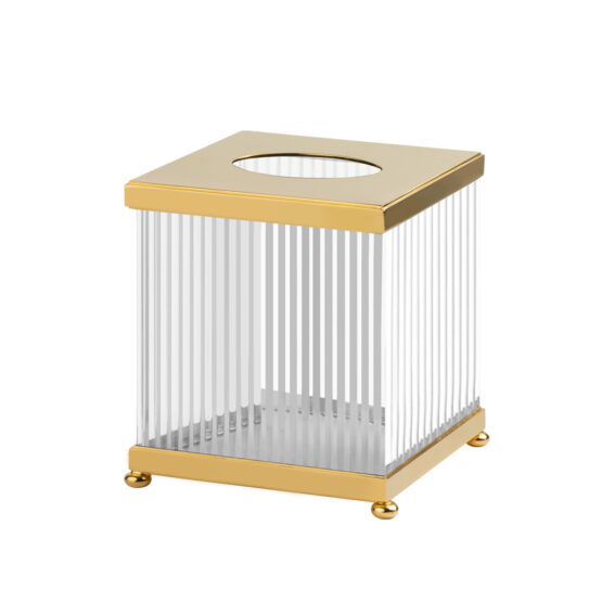 Luxury tissue box made of clear crystal glass and brass in gold by Cristal & Bronze from the Cristal Taille Cannele Lisse series
