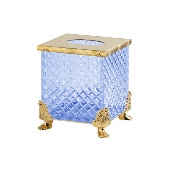 Luxus Taschentuchspender aus blauem Kristallglas und Messing in Gold von Cristal & Bronze aus der Serie Cristal Taille Diamant Cisele