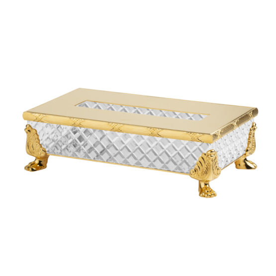 Luxury tissue box made of clear crystal glass and brass in gold by Cristal & Bronze from the Cristal Taille Diamant Cisele series