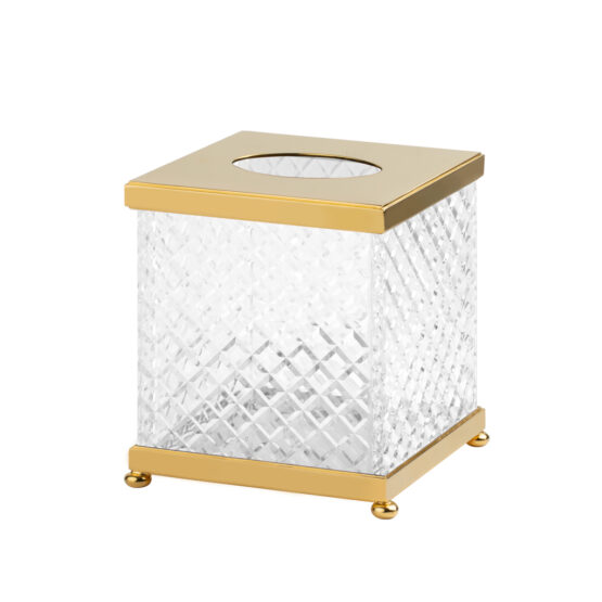 Luxury tissue box made of clear crystal glass and brass in gold by Cristal & Bronze from the Cristal Taille Diamant Lisse series