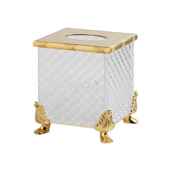 Luxury tissue box made of clear crystal glass and brass in gold by Cristal & Bronze from the Cristal Taille Losange Cisele series