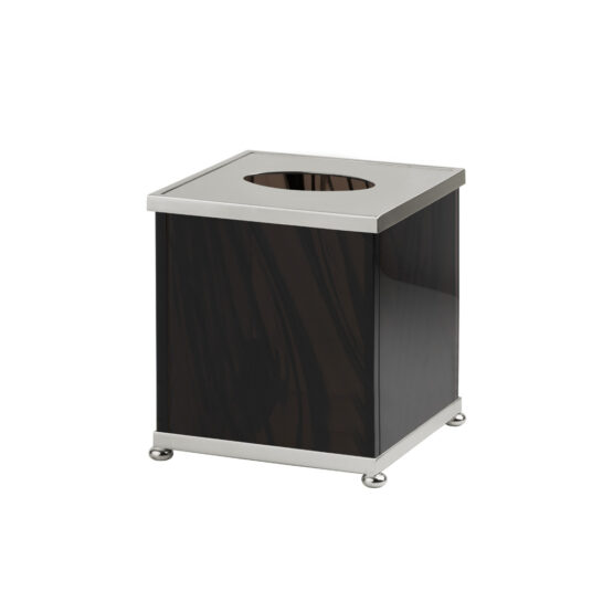 Luxury tissue box made of obsidian crystal glass and brass in nickel by Cristal & Bronze from the Obsidienne Lisse series