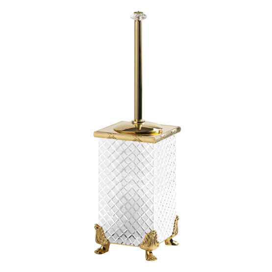 Luxury toilet brush holder made of crystal glass and brass in gold by Cristal & Bronze from the Cristal Taille Losange Cisele series
