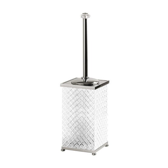 Luxury toilet brush holder made of crystal glass and brass in nickel by Cristal & Bronze from the Cristal Taille Losange Lisse series