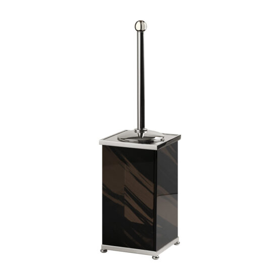 Luxury toilet brush holder made of obsidian crystal glass and brass in nickel by Cristal & Bronze from the Obsidienne Lisse series