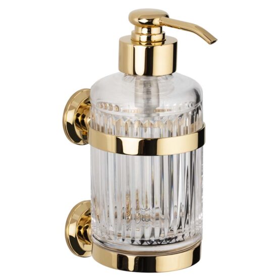 Luxury wall mounted soap dispenser made of clear crystal glass and brass in gold by Cristal & Bronze from the Cristal Taille Cannele Lisse series