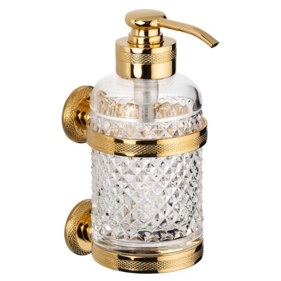 Luxury wall mounted soap dispenser made of clear crystal glass and brass in gold by Cristal & Bronze from the Cristal Taille Diamant Cisele series