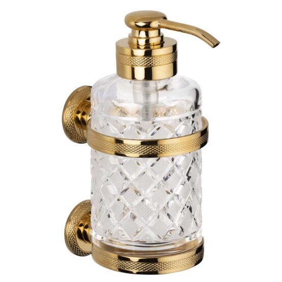 Luxury wall mounted soap dispenser made of clear crystal glass and brass in gold by Cristal & Bronze from the Cristal Taille Losange Cisele series