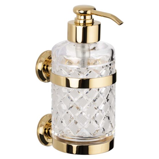 Luxury wall mounted soap dispenser made of clear crystal glass and brass in gold by Cristal & Bronze from the Cristal Taille Losange Lisse series