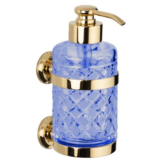 Luxus Wandseifenspender aus blauem Kristallglas und Messing in Gold von Cristal & Bronze aus der Serie Cristal Taille Losange Lisse