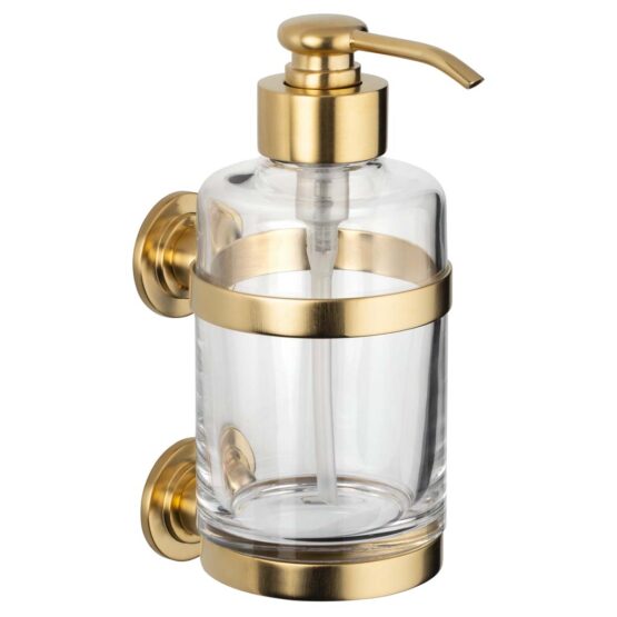 Luxury wall mounted soap dispenser made of crystal glass and brass in gold matt by Cristal & Bronze from the Cristallin Lisse series