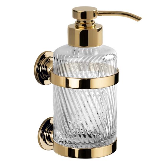 Luxury wall mounted soap dispenser made of crystal glass and brass in gold by Cristal & Bronze from the Infini series
