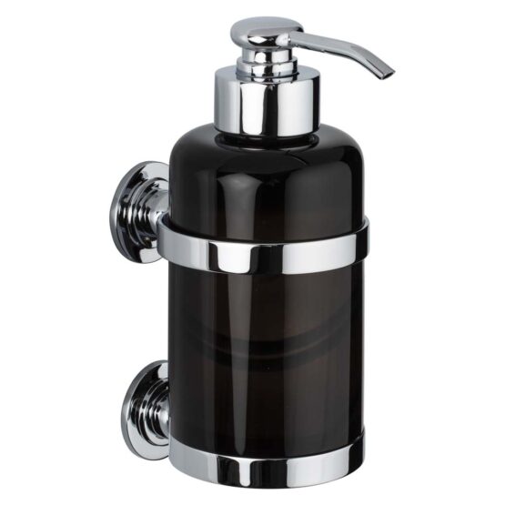 Luxury wall mounted soap dispenser made of obsidian crystal glass and brass in chrome by Cristal & Bronze from the Obsidienne Lisse series