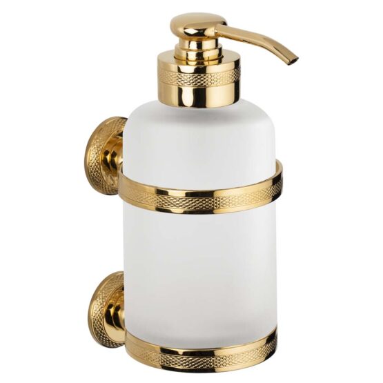 Luxury wall mounted soap dispenser made of glass and brass in gold by Cristal & Bronze from the Satine Cisele series