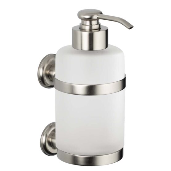 Luxury wall mounted soap dispenser made of glass and brass in nickel matt by Cristal & Bronze from the Satine Lisse series