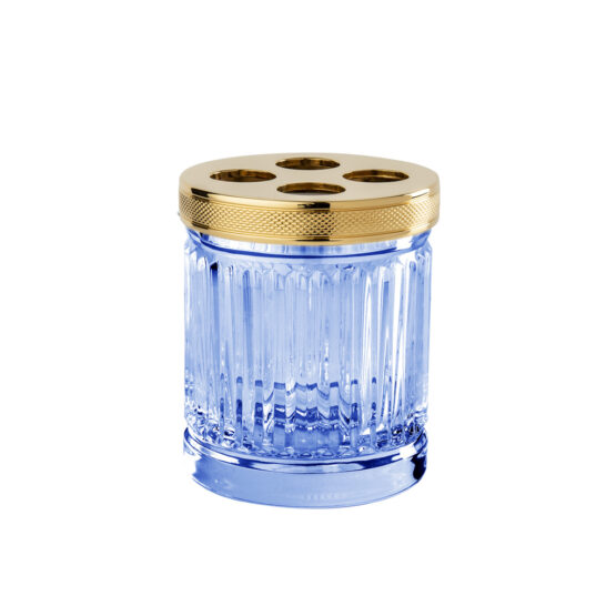 Luxus Zahnputzbecher aus blauem Kristallglas und Messing in Gold von Cristal & Bronze aus der Serie Cristal Taille Cannele Cisele