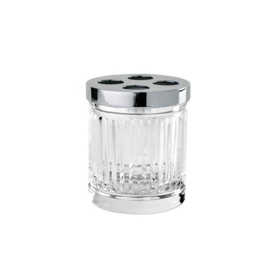Luxus Zahnputzbecher aus klarem Kristallglas und Messing in Chrom von Cristal & Bronze aus der Serie Cristal Taille Cannele Lisse