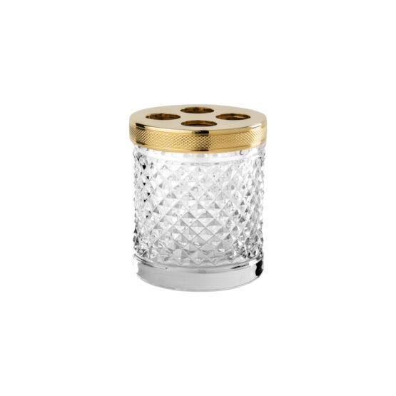 Luxury tumbler made of clear crystal glass and brass in gold by Cristal & Bronze from the Cristal Taille Diamant Cisele series