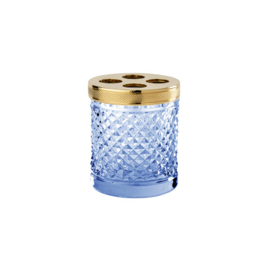 Luxus Zahnputzbecher aus blauem Kristallglas und Messing in Gold von Cristal & Bronze aus der Serie Cristal Taille Diamant Cisele