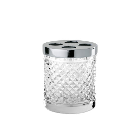 Luxus Zahnputzbecher aus klarem Kristallglas und Messing in Chrom von Cristal & Bronze aus der Serie Cristal Taille Diamant Lisse