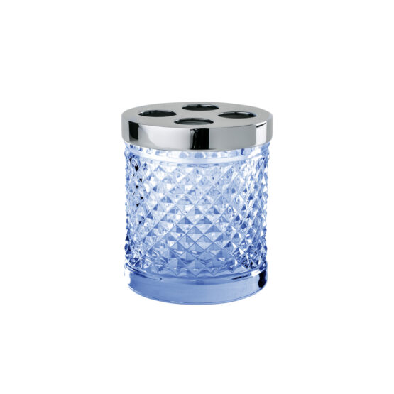 Luxus Zahnputzbecher aus blauem Kristallglas und Messing in Chrom von Cristal & Bronze aus der Serie Cristal Taille Diamant Lisse