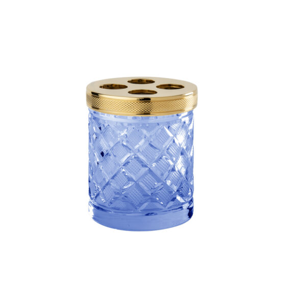 Luxus Zahnputzbecher aus blauem Kristallglas und Messing in Gold von Cristal & Bronze aus der Serie Cristal Taille Losange Cisele