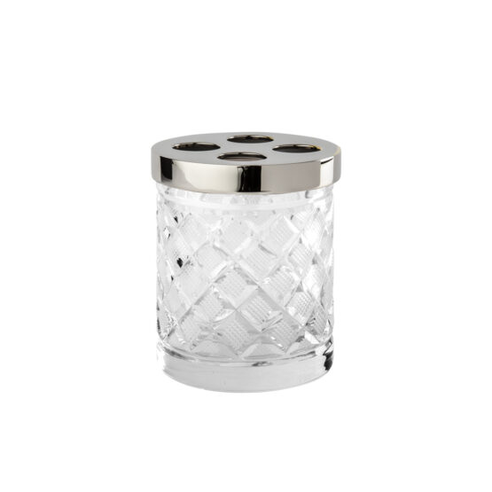 Luxus Zahnputzbecher aus klarem Kristallglas und Messing in Nickel von Cristal & Bronze aus der Serie Cristal Taille Losange Lisse