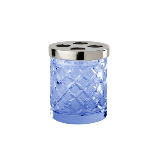 Luxus Zahnputzbecher aus blauem Kristallglas und Messing in Nickel von Cristal & Bronze aus der Serie Cristal Taille Losange Lisse
